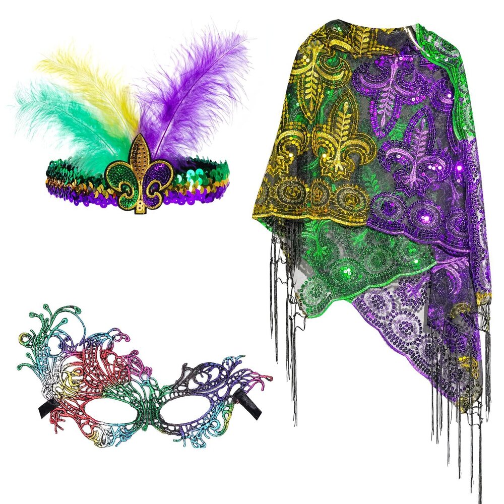 8558 Mardi Gras Shawl Scarf Costume With Mardi Gras Headband
